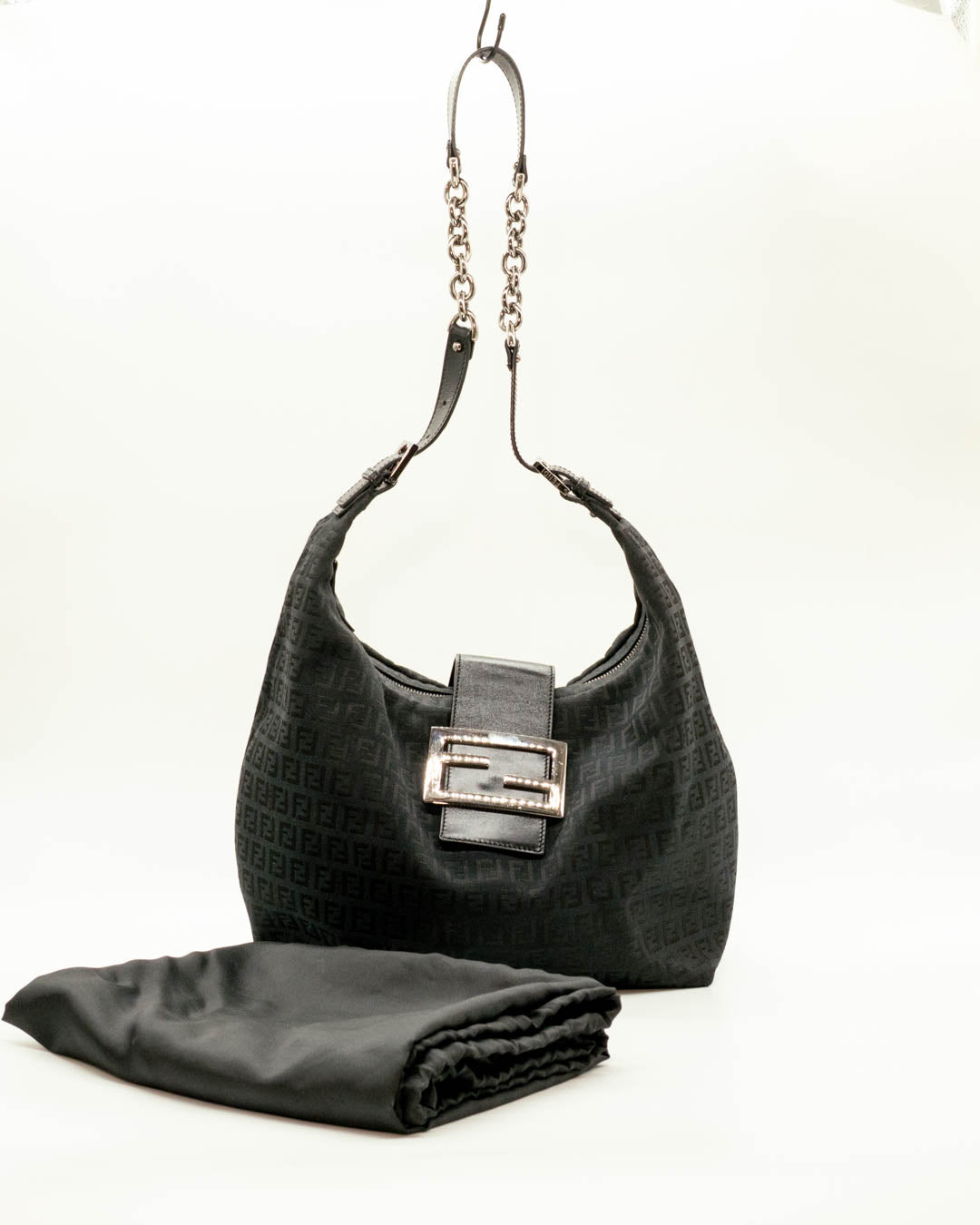 Fendi Black Zucchino Canvas Forever Hobo Bag