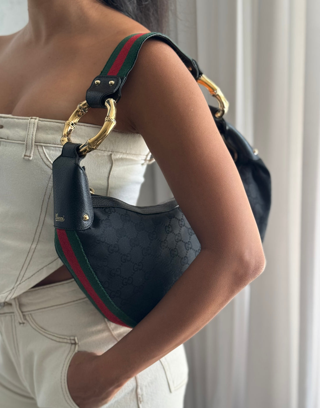 Gucci Black GG Bamboo Ring Hobo Bag