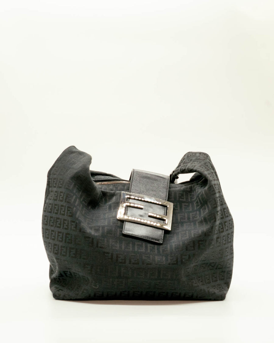 Fendi Black Zucchino Canvas Forever Hobo Bag