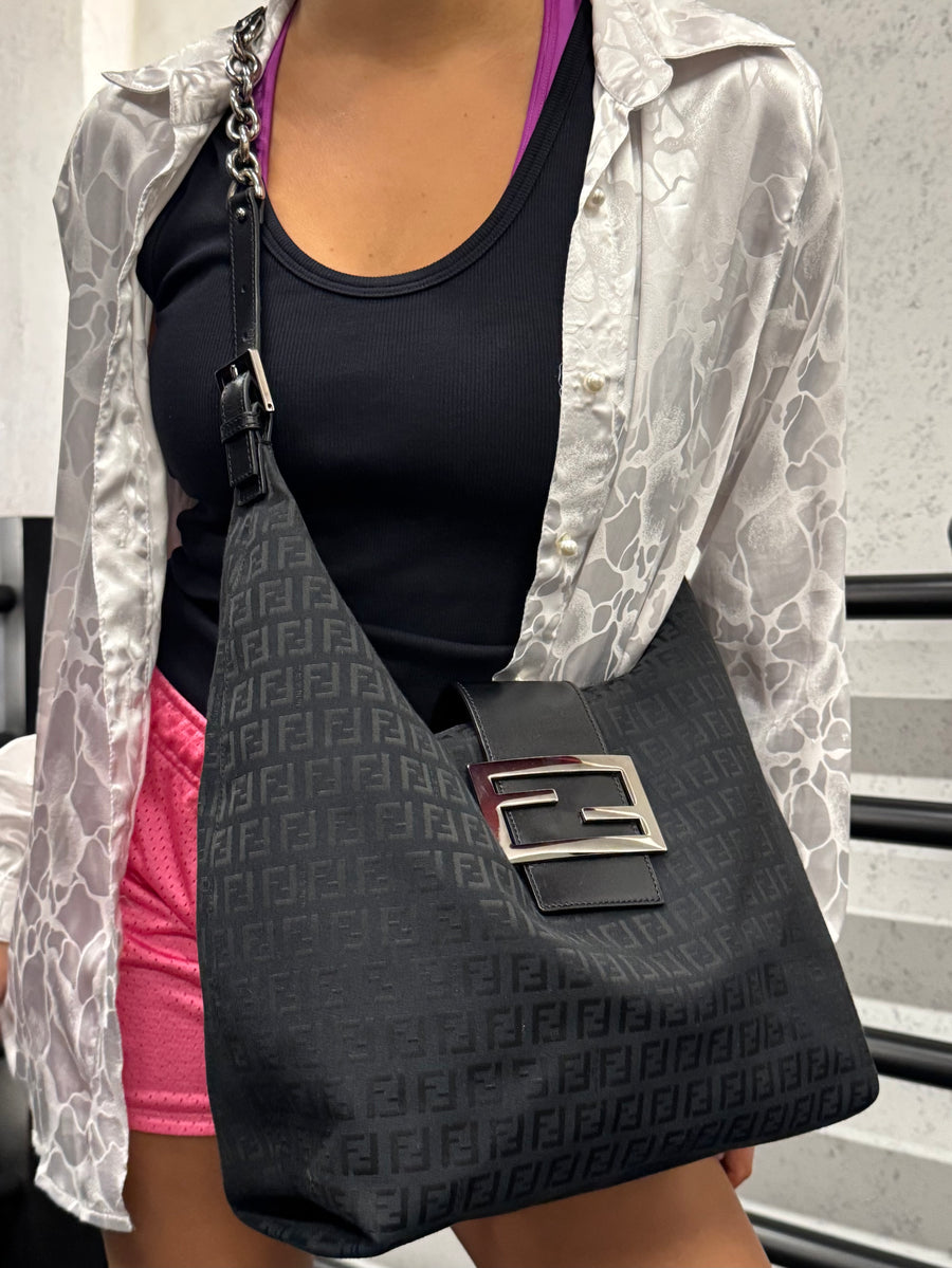 Fendi Black Zucchino Canvas Forever Hobo Bag