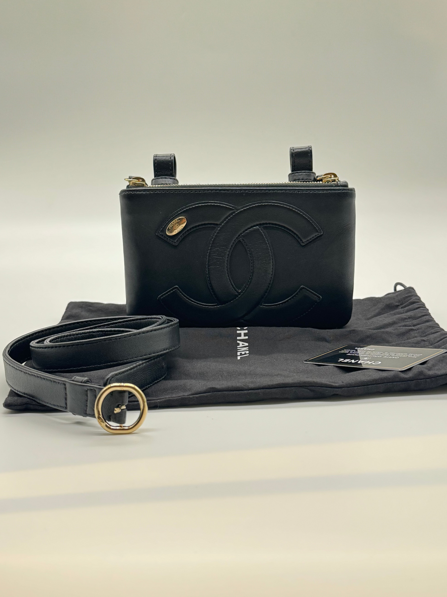 Chanel Black Leather CC Mania Double Zip Waist Belt Bag