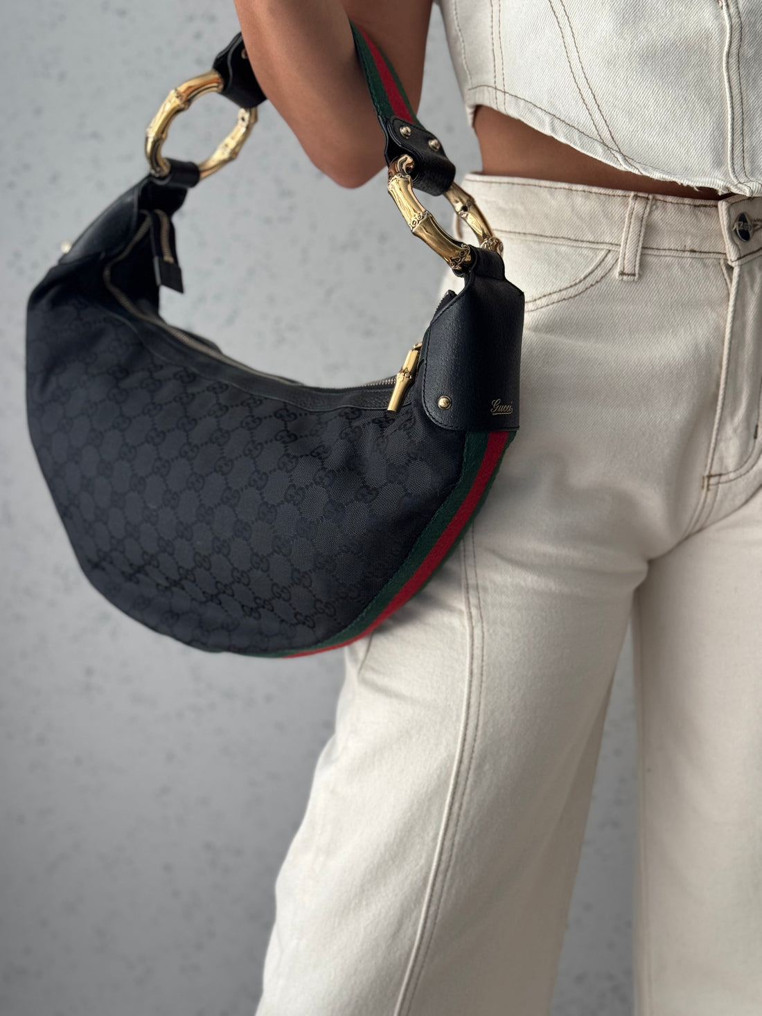Gucci Black GG Bamboo Ring Hobo Bag