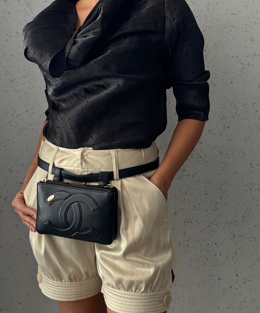 Chanel Black Leather CC Mania Double Zip Waist Belt Bag