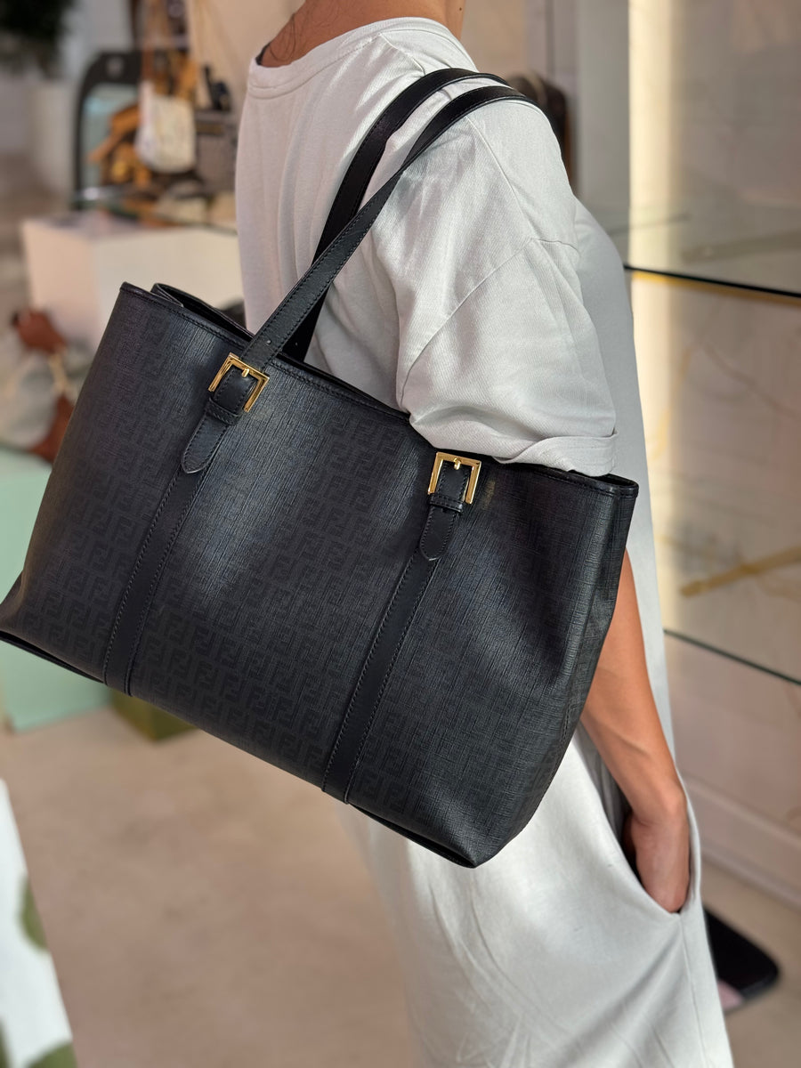 Fendi Black Zucchino Print Spalmati Shopper Tote
